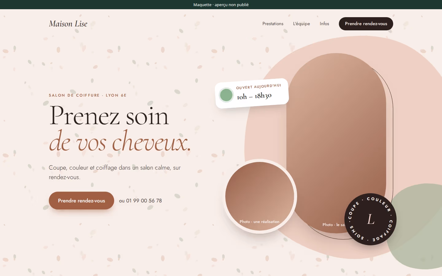 Page d'accueil du modèle Salon de coiffure, avec Maison Lise