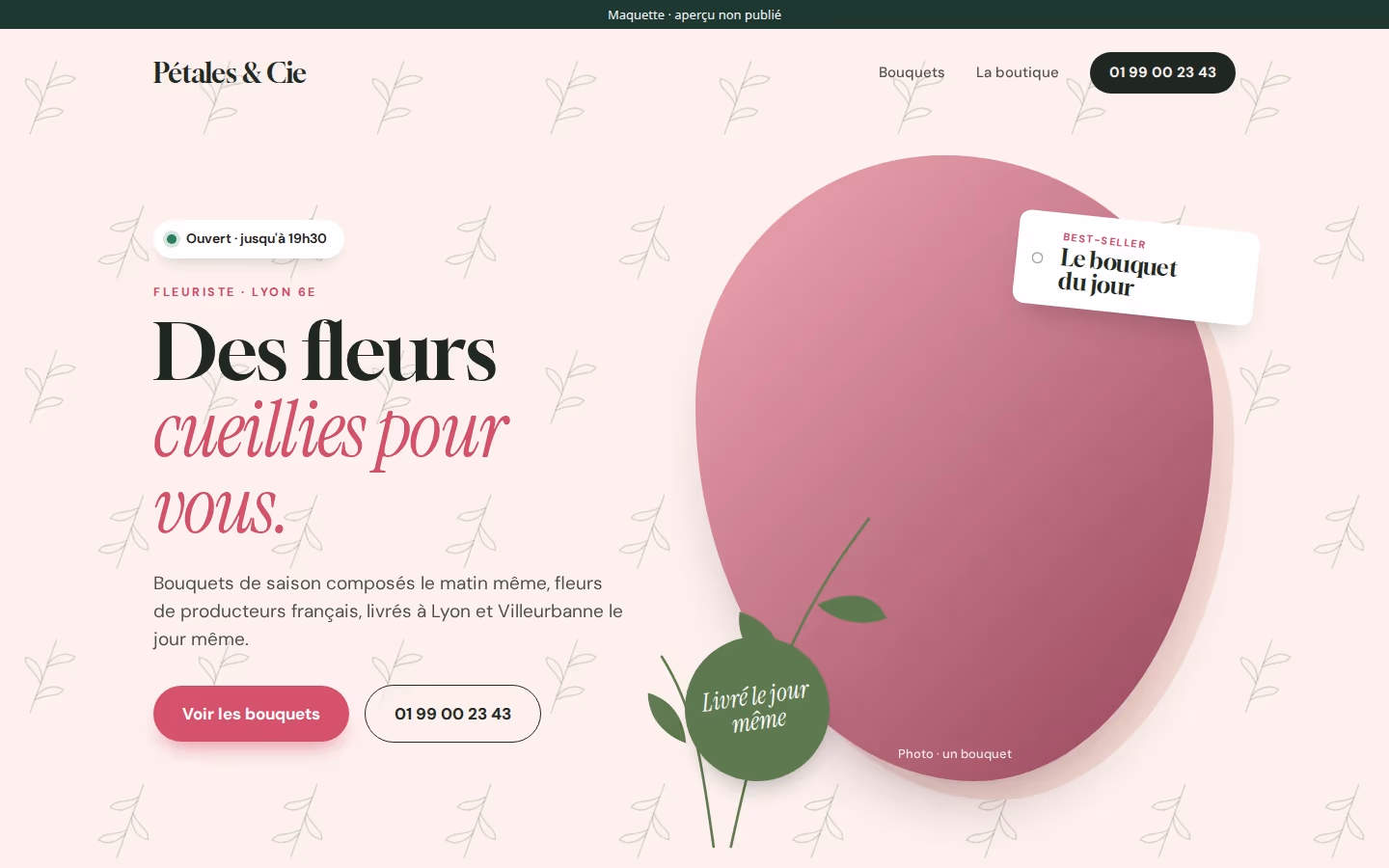 Page d'accueil du modèle Fleuriste, avec Pétales & Cie
