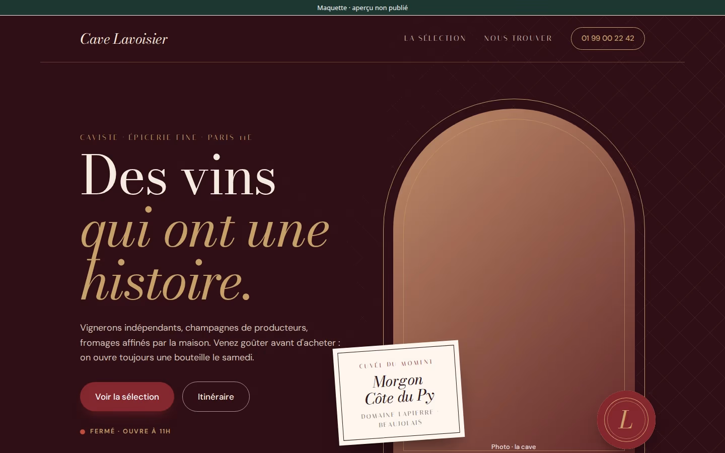 Page d'accueil du modèle Caviste, avec Cave Lavoisier