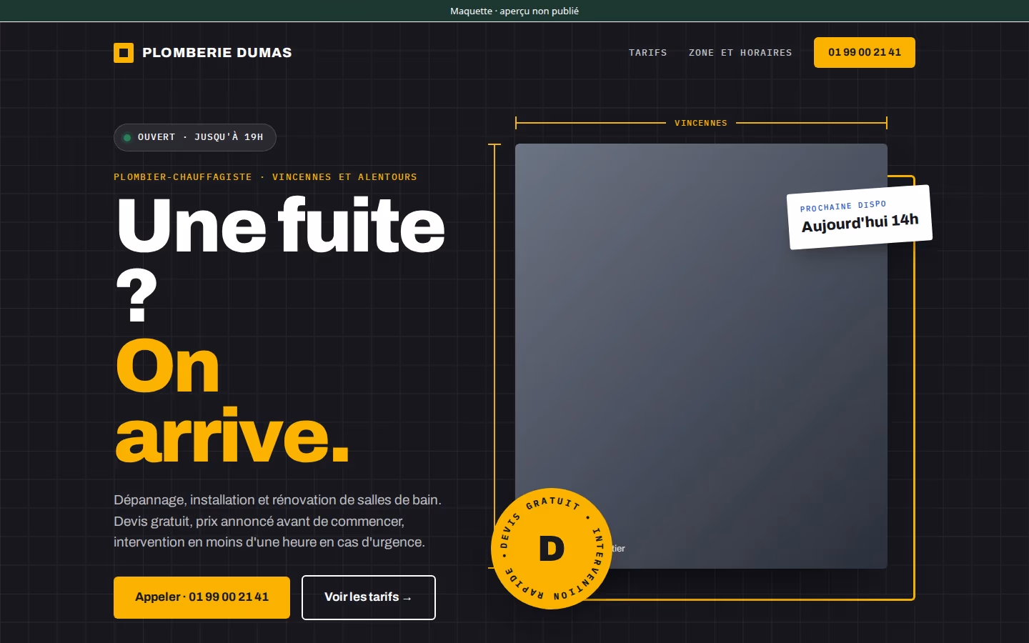 Page d'accueil du modèle Artisan, avec Plomberie Dumas
