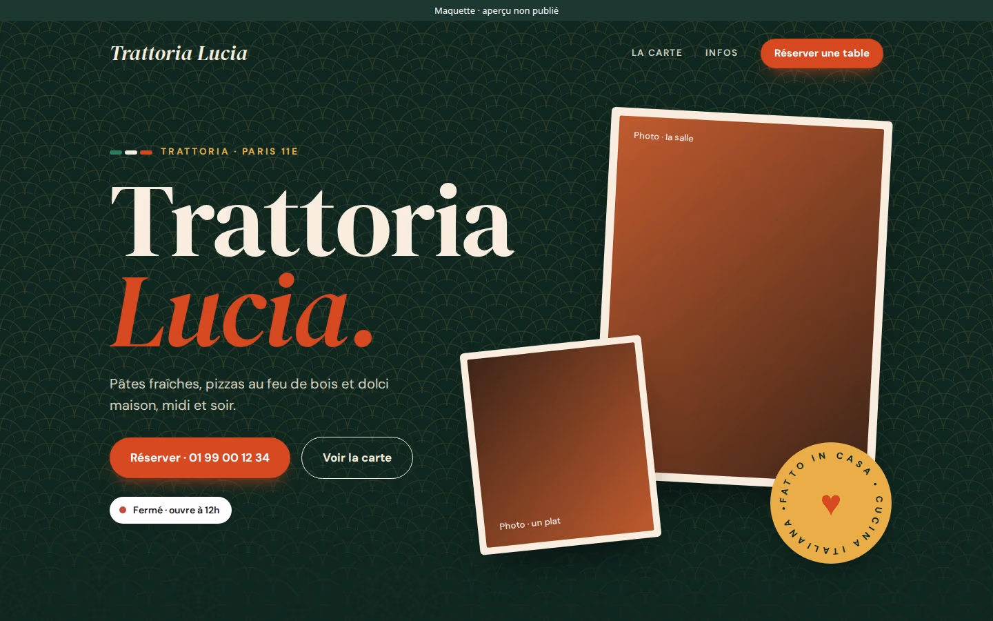 Page d'accueil du modèle Restaurant, avec Trattoria Lucia