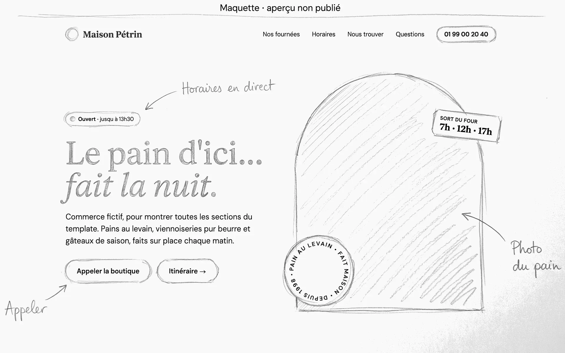 Croquis au crayon de la page d'accueil de Maison Pétrin, annoté à la main